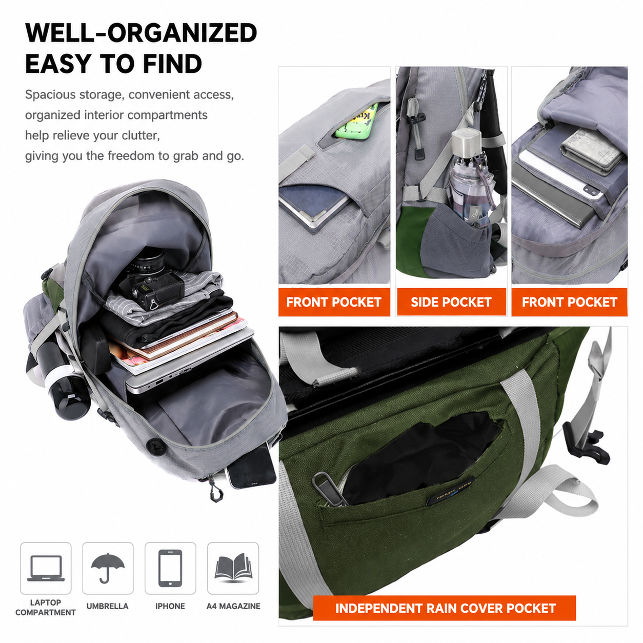 40L Green Lightweight Outdoor Hiking Backpack with Detachable Suspended Frame view 4
