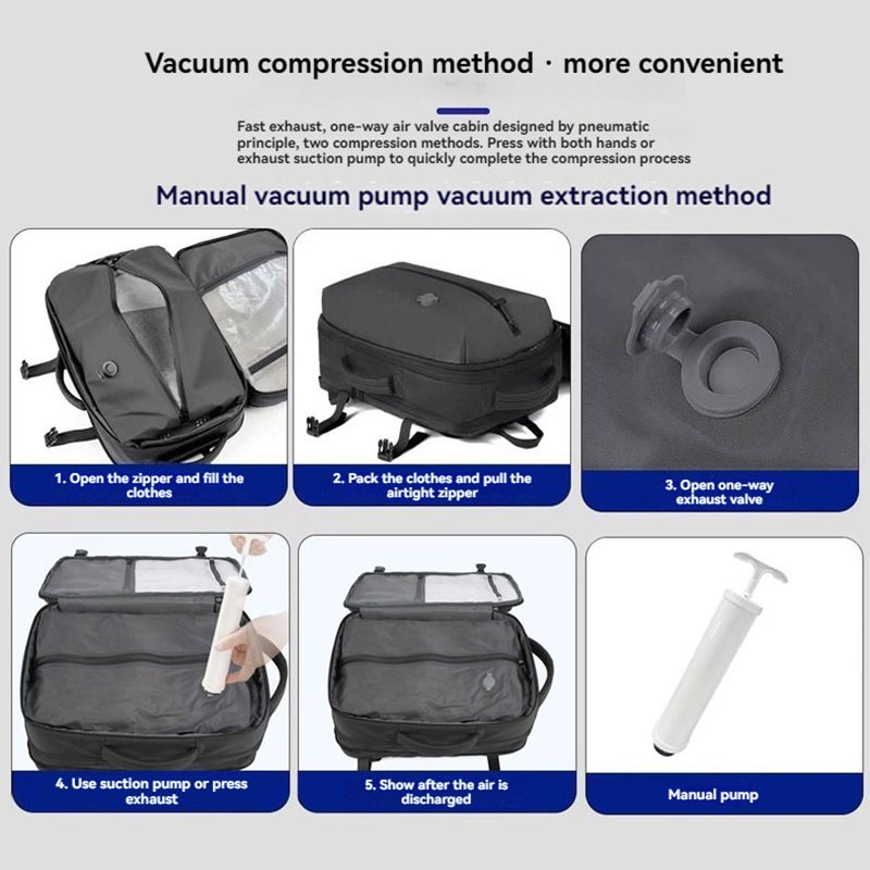 Grey 35L Vacuum Compression Travel Backpack with Manual Air Pump view 9
