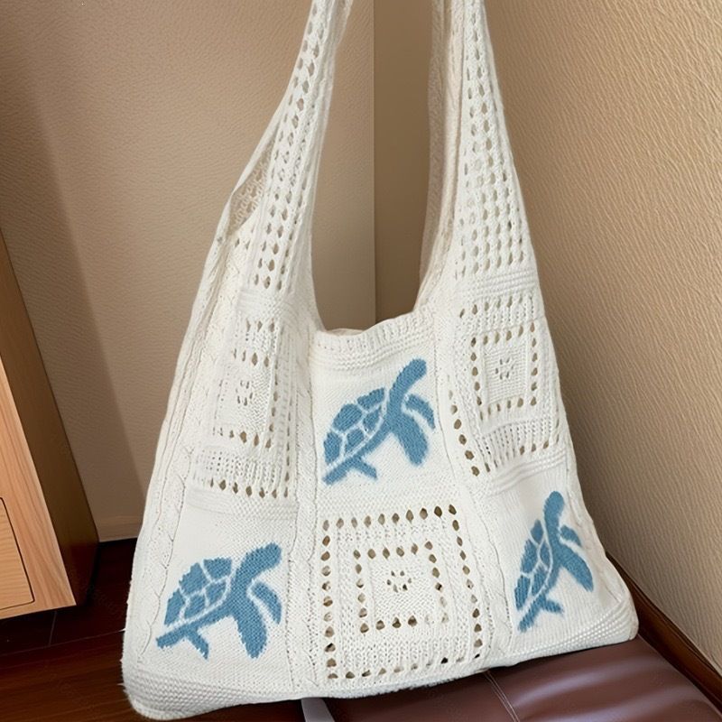 Bohemian Crochet Beach Tote Bag with Seashell & Heart Pearl Charm Keychains view 2
