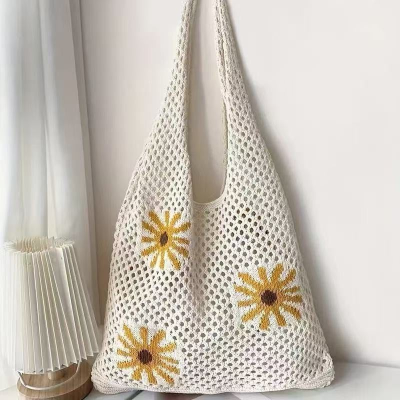 Bohemian Crochet Beach Tote Bag with Seashell & Heart Pearl Charm Keychains view 2