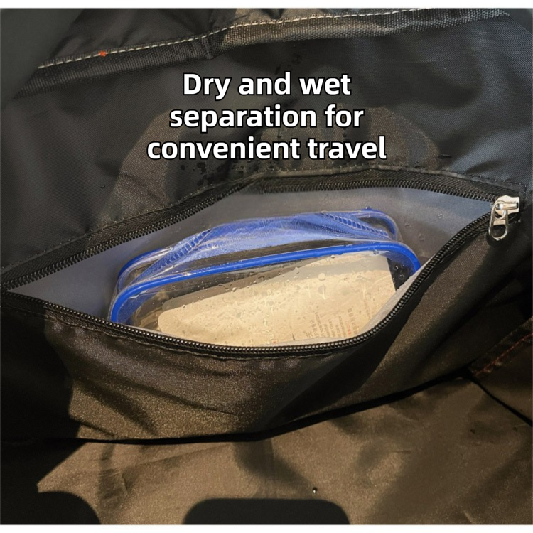 Black 30L Lightweight Travel Duffle Bag with 3 Zippered Main Sections and Shoe view 7