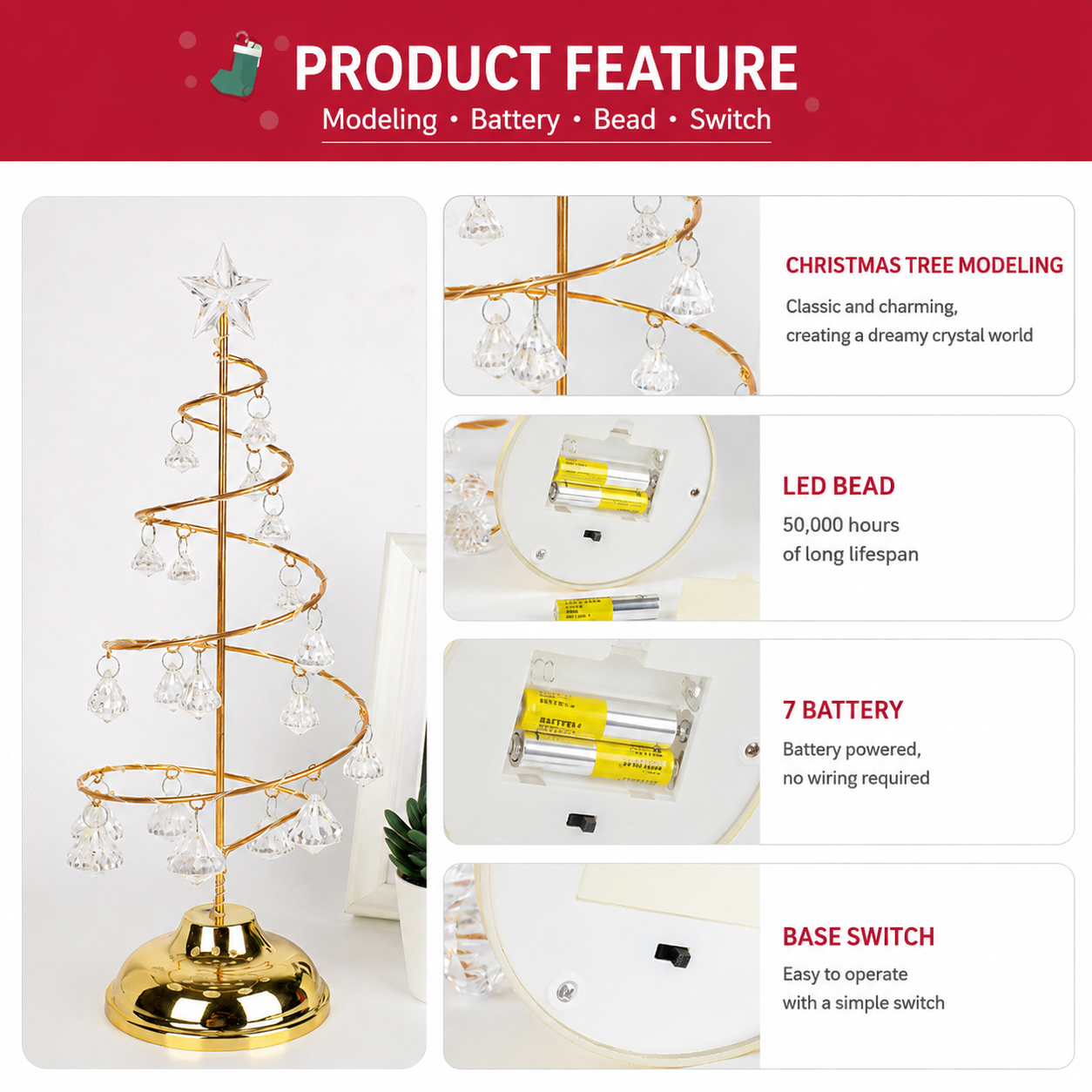 Gold Iron Spiral Crystal Christmas Tree Lamp - Elegant Battery Operated view 2