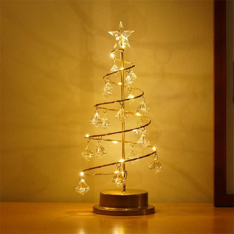 Gold Iron Spiral Crystal Christmas Tree Lamp - Elegant Battery Operated view 3