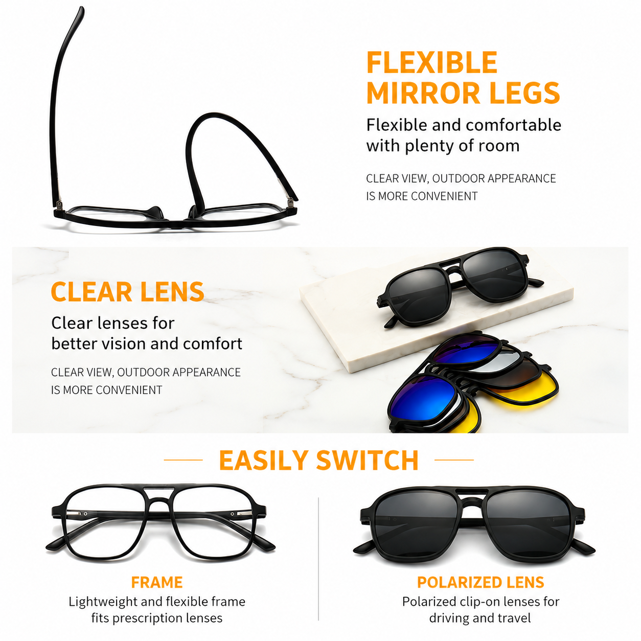 7-in-1 Magnetic Clip-On Sunglasses Set with Flexible Frame and Leather Bag view 3