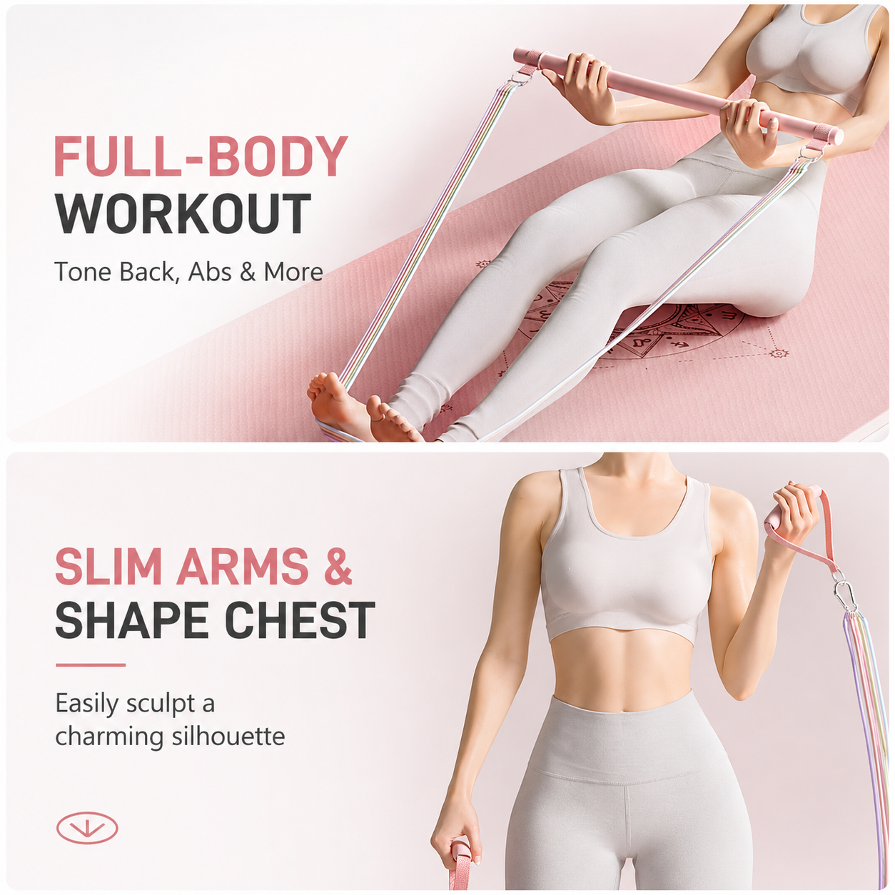Women's Multifunctional Pilates Bar for Home Fitness & Pilates Workout (Pink view 3