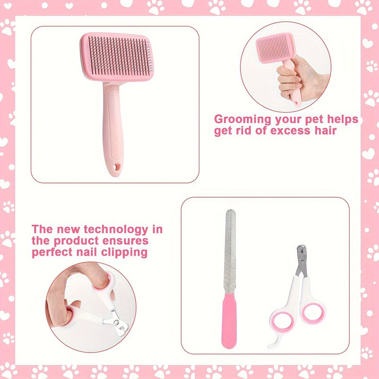 7PCS Pink Pet Grooming, Nail and Oral Care Kit - Selfcleaning Slicker Brush view 4