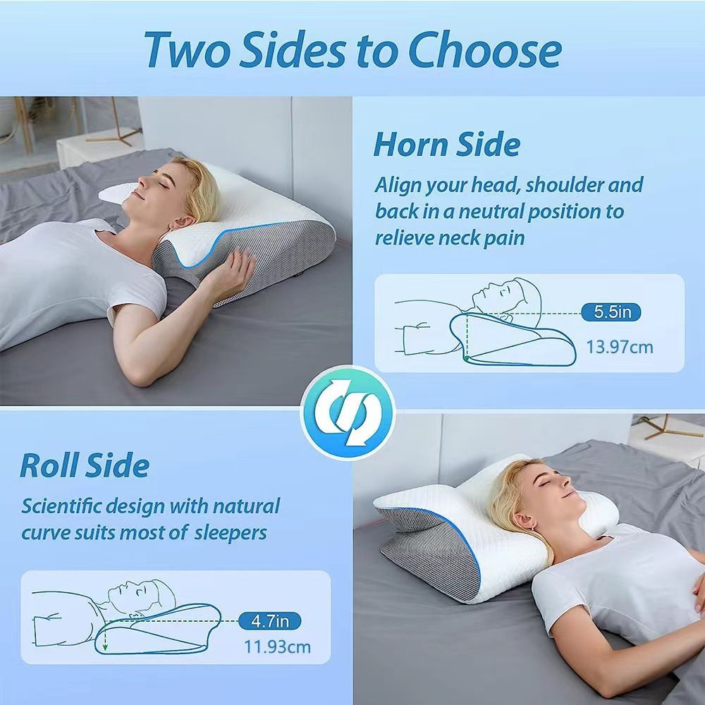 Blue Horn Shape Contour Memory Foam Cervical Pillow with Breathable Zipper view 5