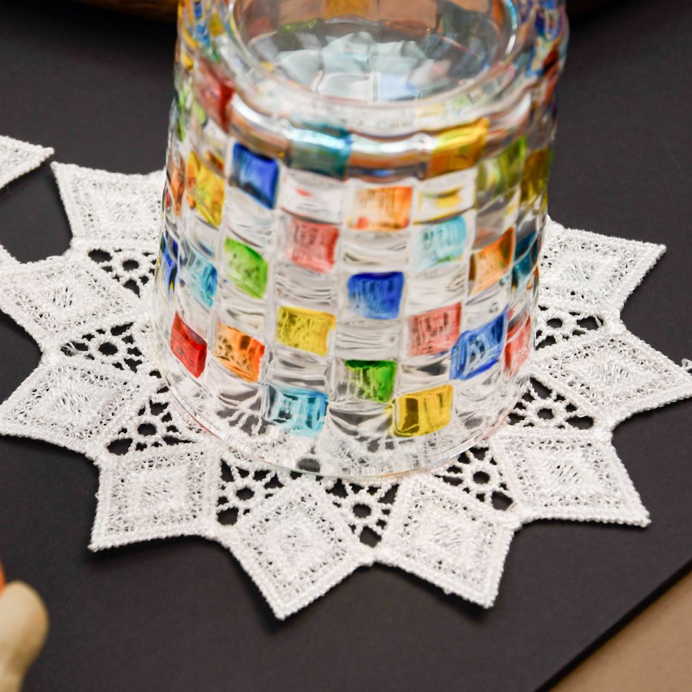 5.5 Inch Geometric Embroidered Lace Coaster (5 Pack) - Elegant Round Dining & view 2