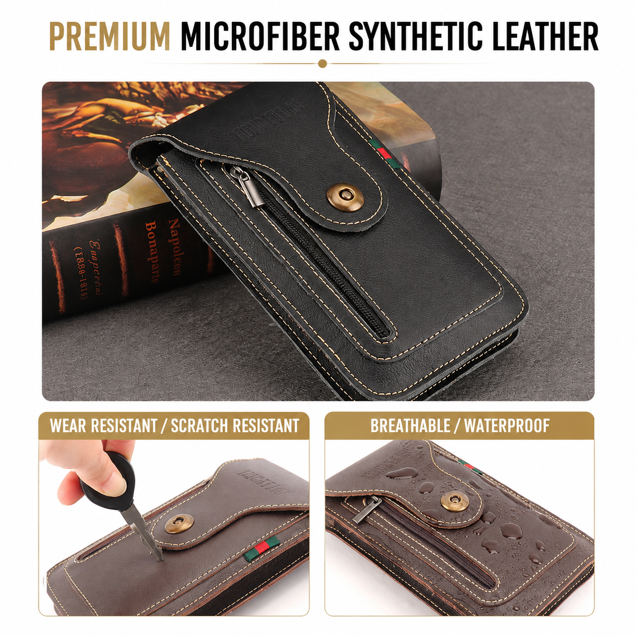 Black Vertical Leather Phone Holster with 3 Pockets and Carabiner Clip - Belt view 2