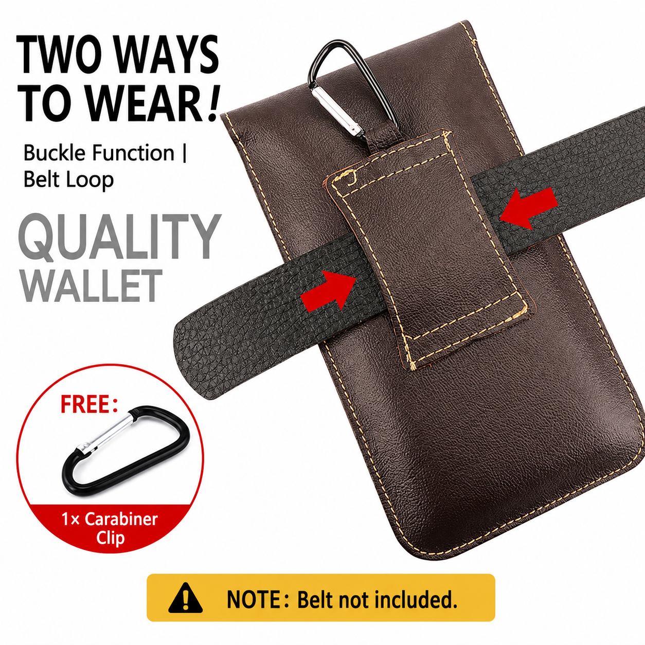 Black Vertical Leather Phone Holster with 3 Pockets and Carabiner Clip - Belt view 4