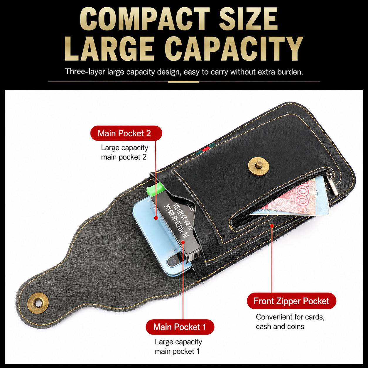Brown Vertical Leather Phone Holster with 3 Pockets and Carabiner Clip - Belt view 3