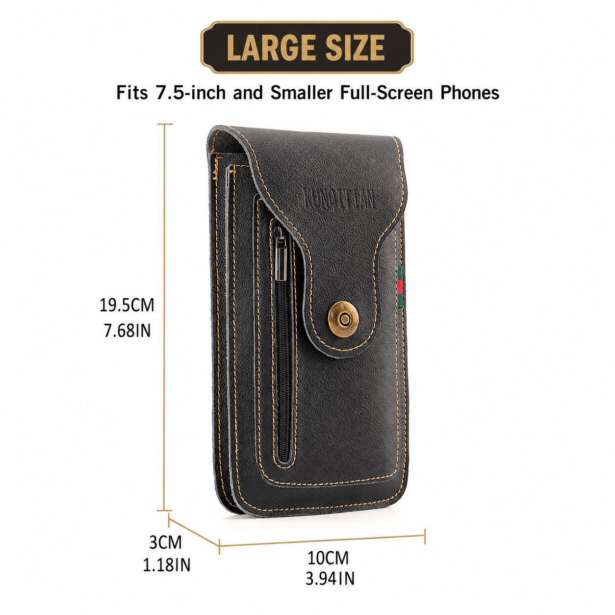 Brown Vertical Leather Phone Holster with 3 Pockets and Carabiner Clip - Belt view 5