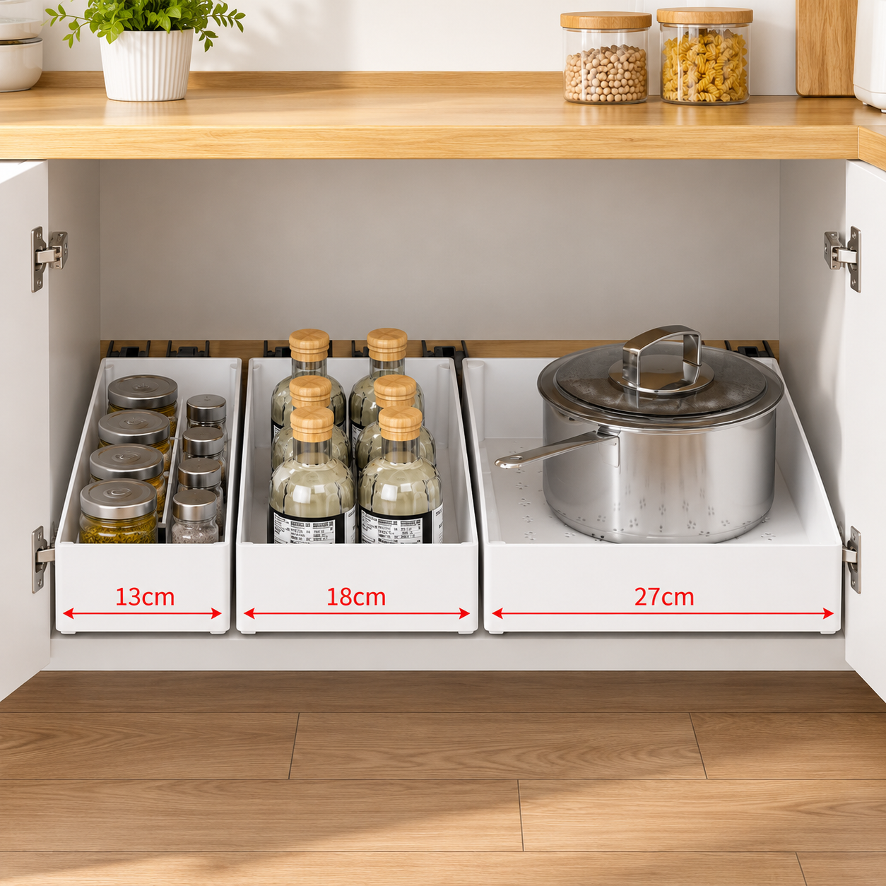 3 Pieces White Extended Pull Out Cabinet Organizer Set (Small + Medium + Large