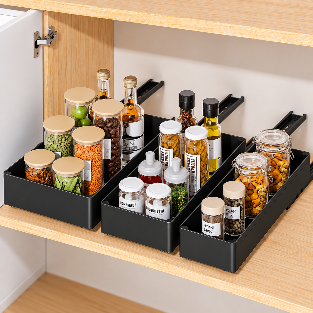 3 Pieces Black Extended Pull Out Cabinet Organizer Set (Small + Medium + Large view 2