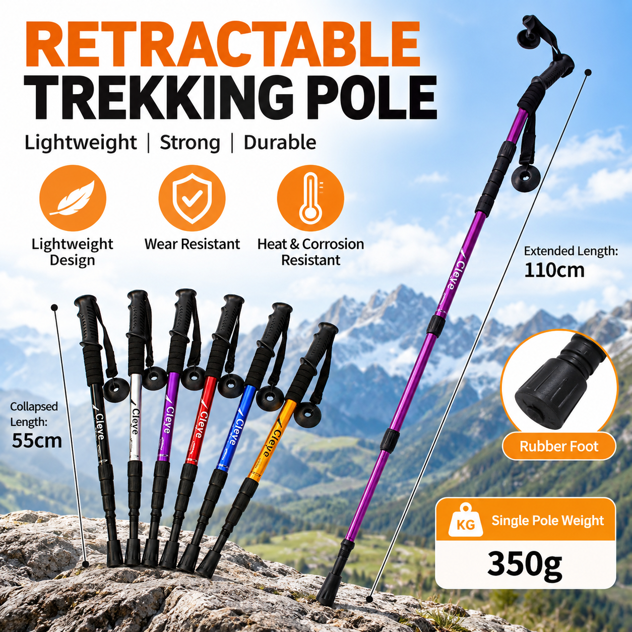 2 Pack Black Outdoor Aluminum Alloy Telescopic Trekking Pole (55 to 110CM) view 2