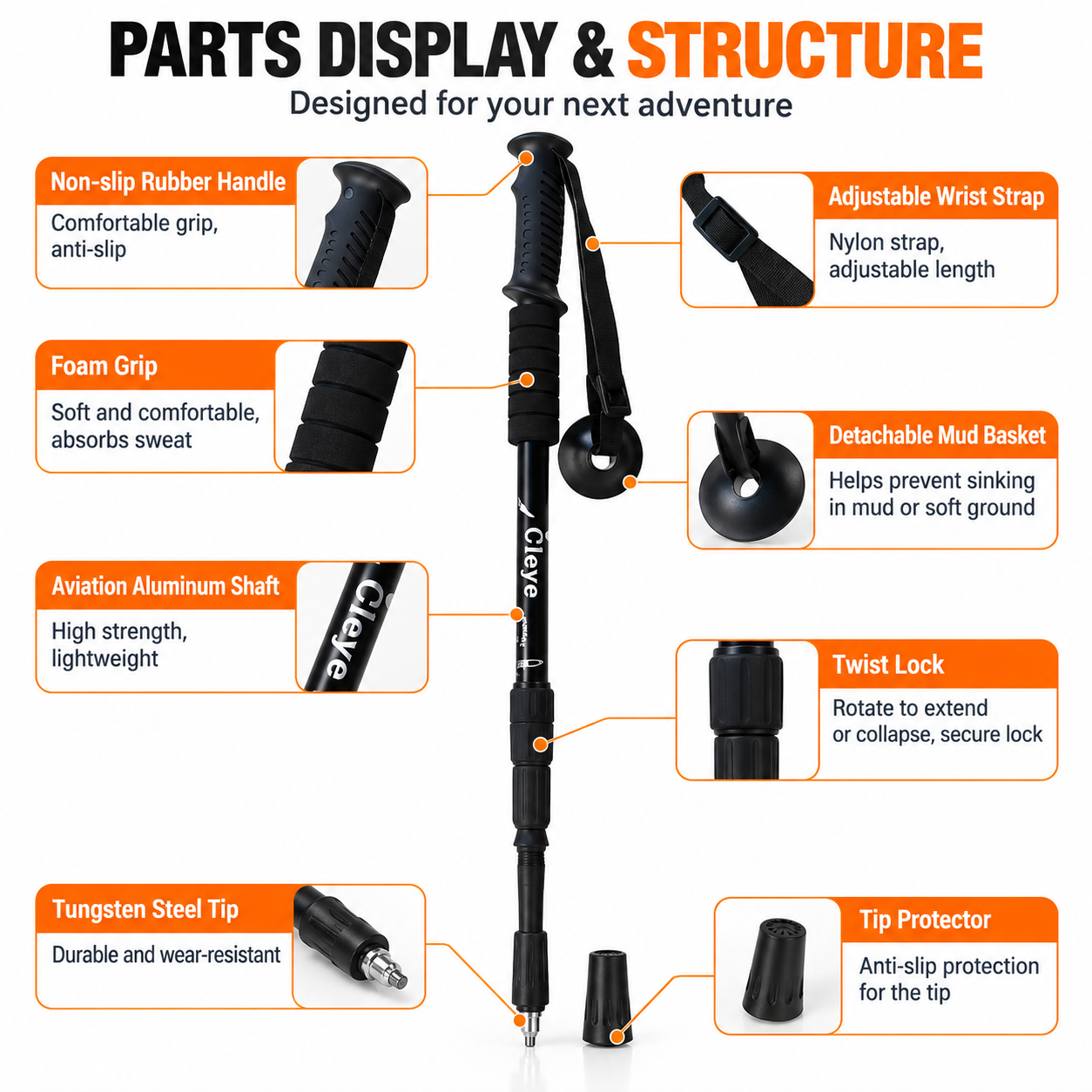 2 Pack Black Outdoor Aluminum Alloy Telescopic Trekking Pole (55 to 110CM) view 3