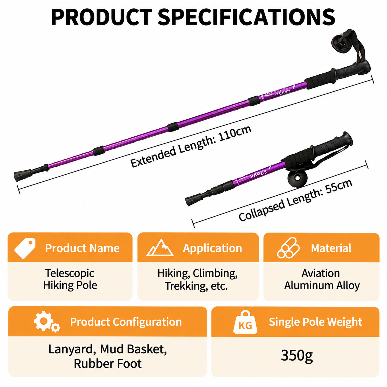 2 Pack Silver Outdoor Aluminum Alloy Telescopic Trekking Pole (55 to 110CM) view 5