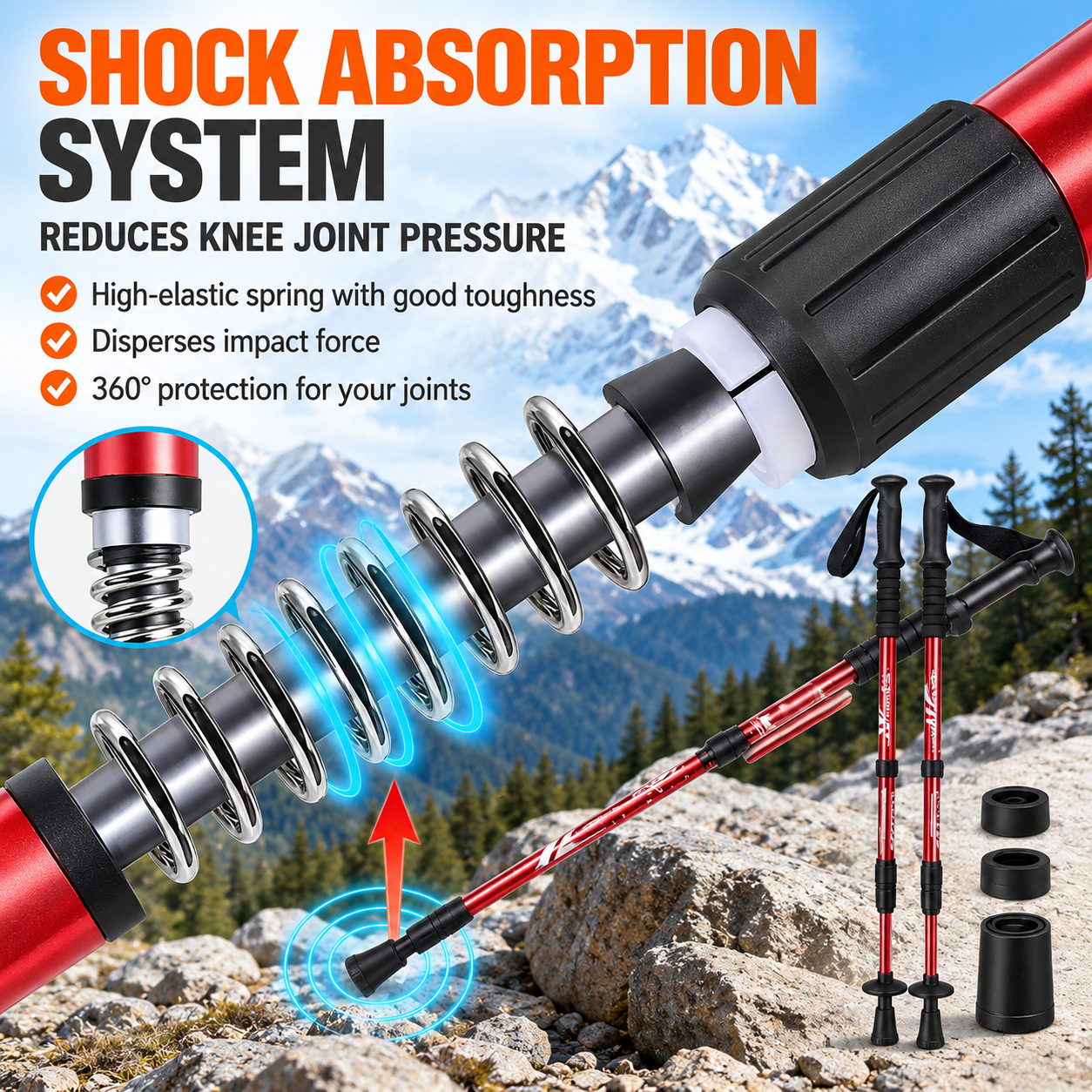 2 Pack Red Lightweight Outdoor Telescopic Aluminum Alloy Trekking Pole (50 to view 4