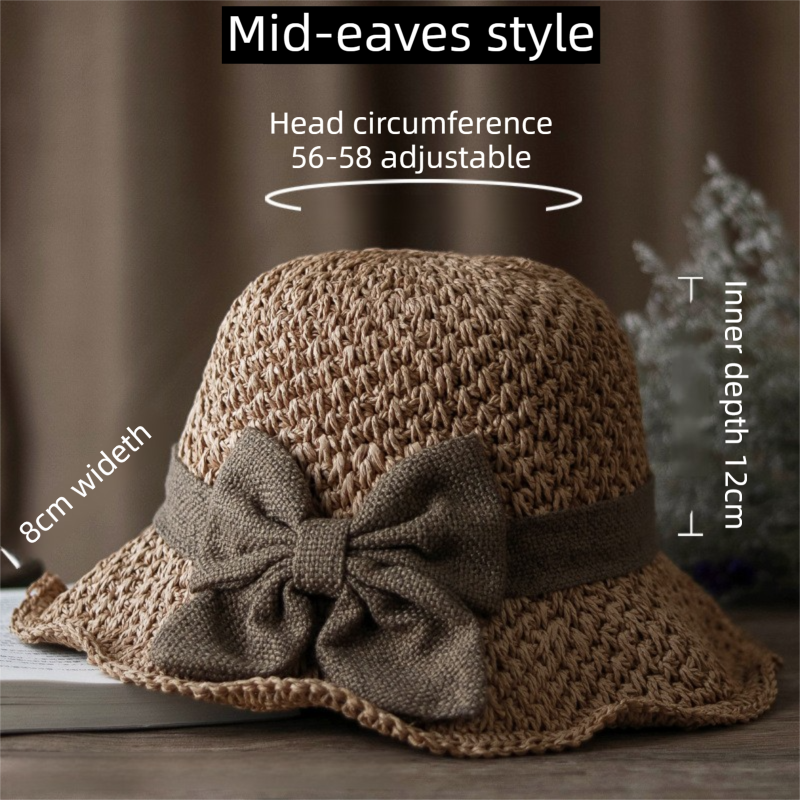 Brown Hand-Woven Paper Straw Sun Hat with Elegant Bow Knot (Wide Brim Style) view 3