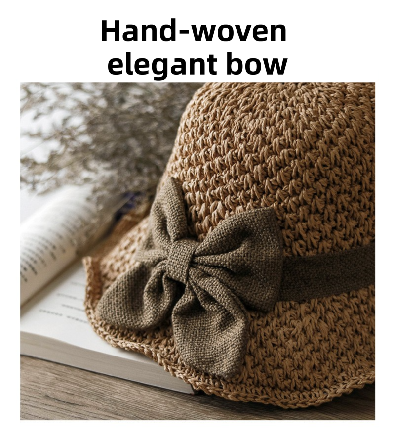 Beige Hand-Woven Paper Straw Sun Hat with Elegant Bow Knot (Wide Brim Style) view 4