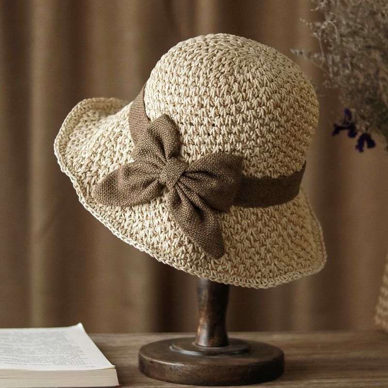 Beige Hand-Woven Paper Straw Sun Hat with Elegant Bow Knot (Medium Brim Style) — image 1