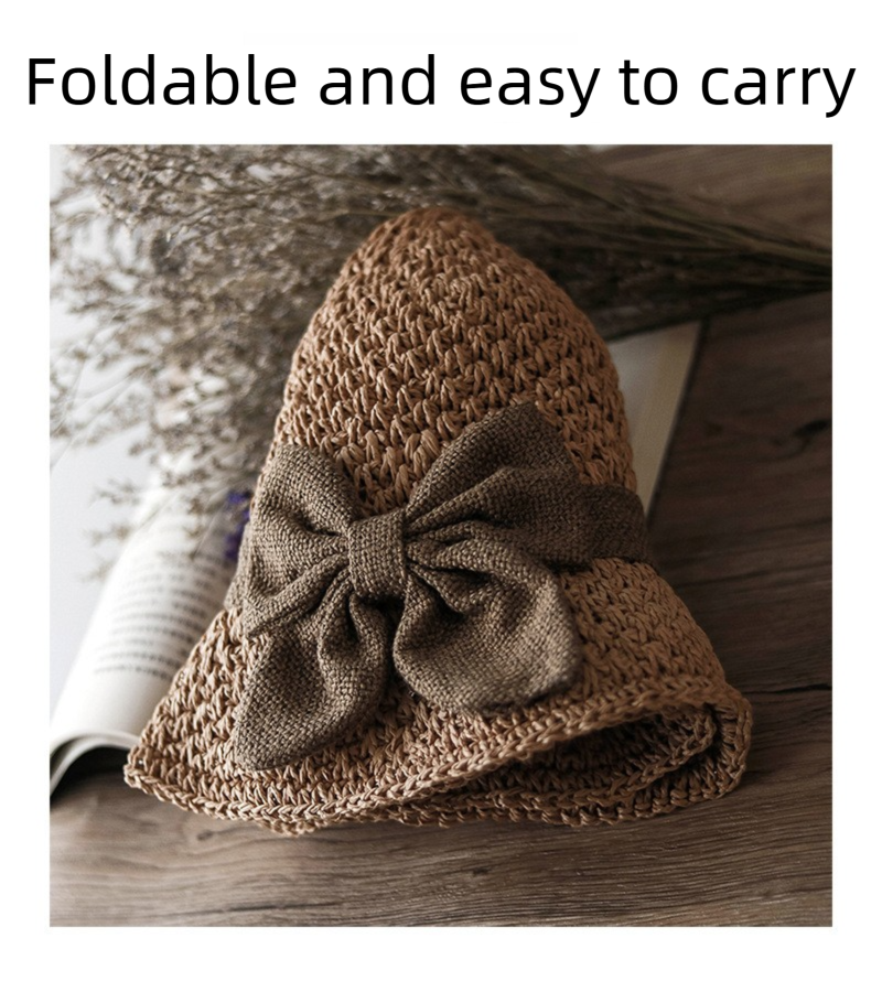 Beige Hand-Woven Paper Straw Sun Hat with Elegant Bow Knot (Medium Brim Style) view 5