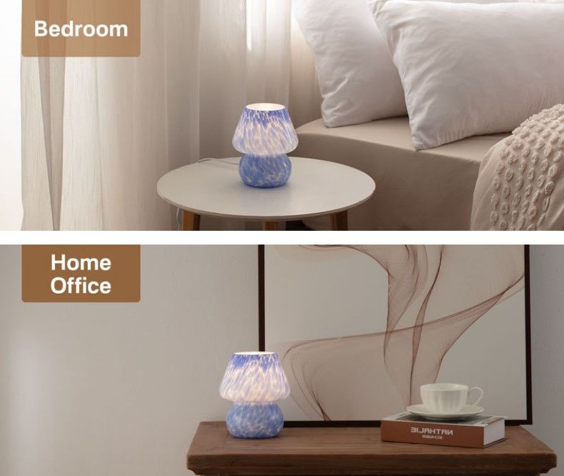 Blue Spot Hand Blown Glass Mushroom Table Lamp - Compact Nordic Bedside Desk view 4