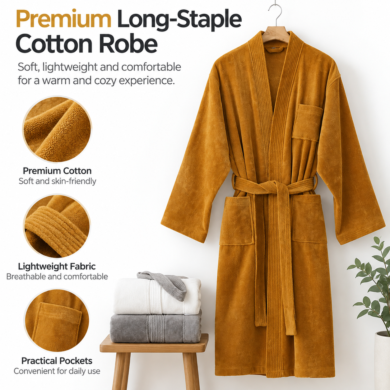White Soft Absorbent 100% Cotton Terry Bathrobe - 120cm Long Adult Towel Robe view 2