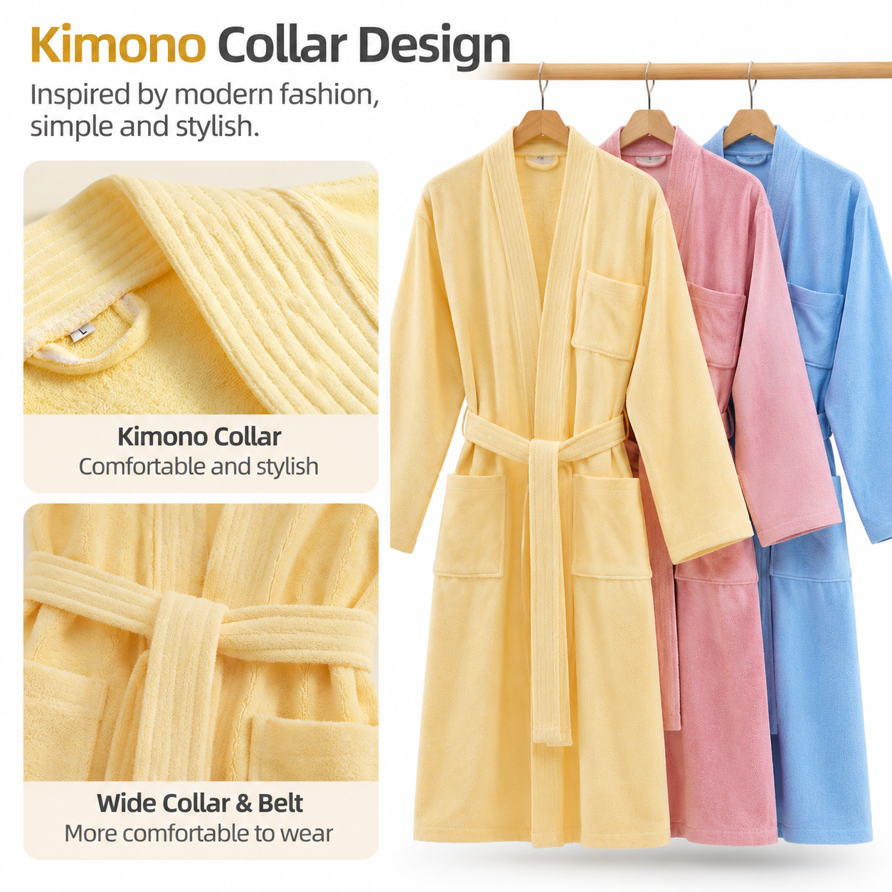 Yellow Soft Absorbent 100% Cotton Terry Bathrobe - 120cm Long Adult Towel Robe view 4