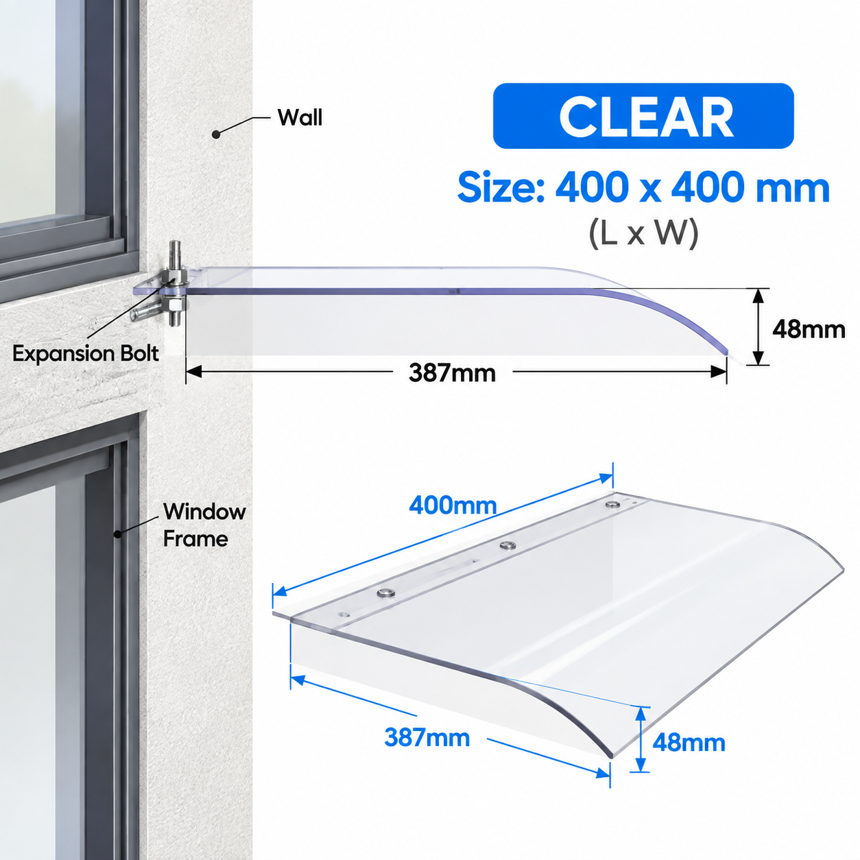 Bracket Free Transparent Window Rain Awning - 400 x 400mm Stackable Thickened view 5