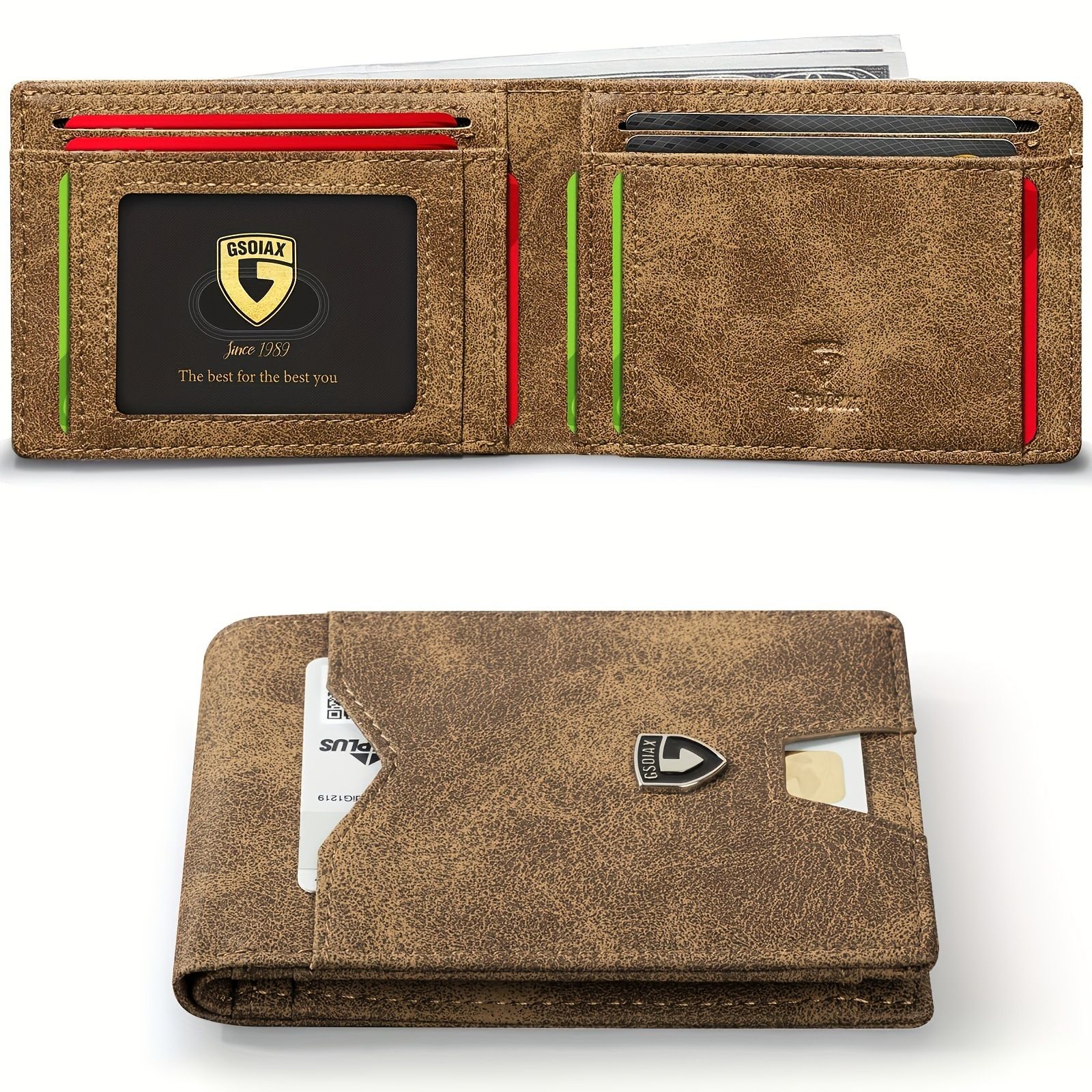Vintage Brown Men's RFID Bifold Wallet - Microfibre Leather Slim Money Clip view 2