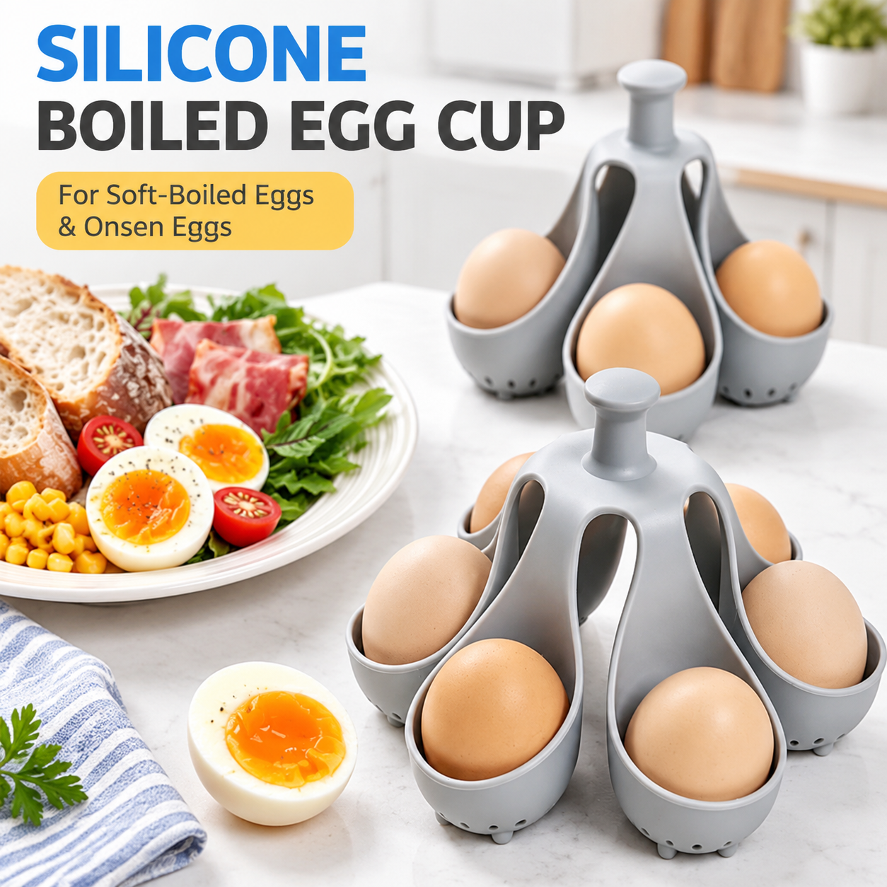 Stackable Soft Silicone Egg Boiler Holder - Reusable 6-Hole Egg Poaching and view 2