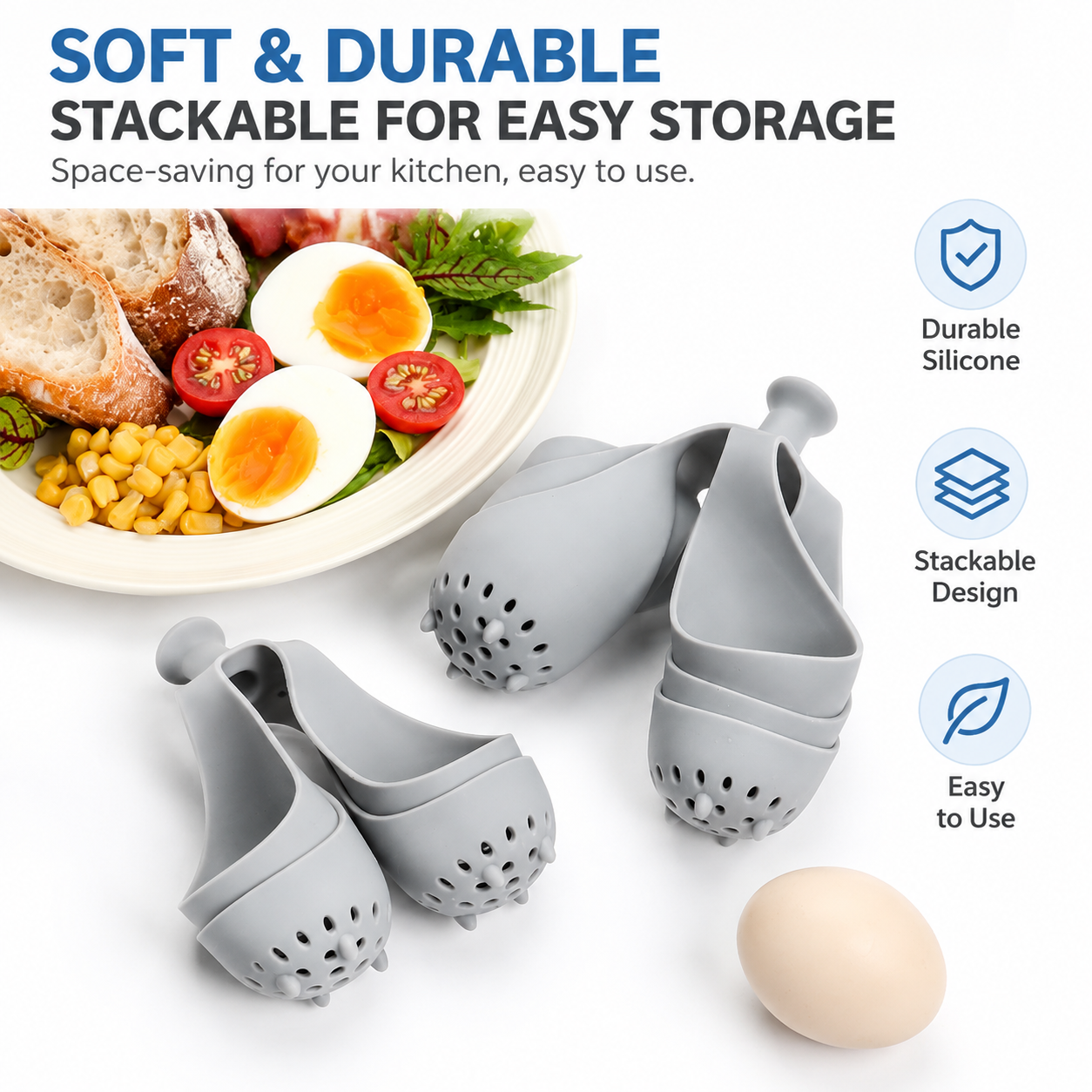 Stackable Soft Silicone Egg Boiler Holder - Reusable 4-Hole Egg Poaching and view 4