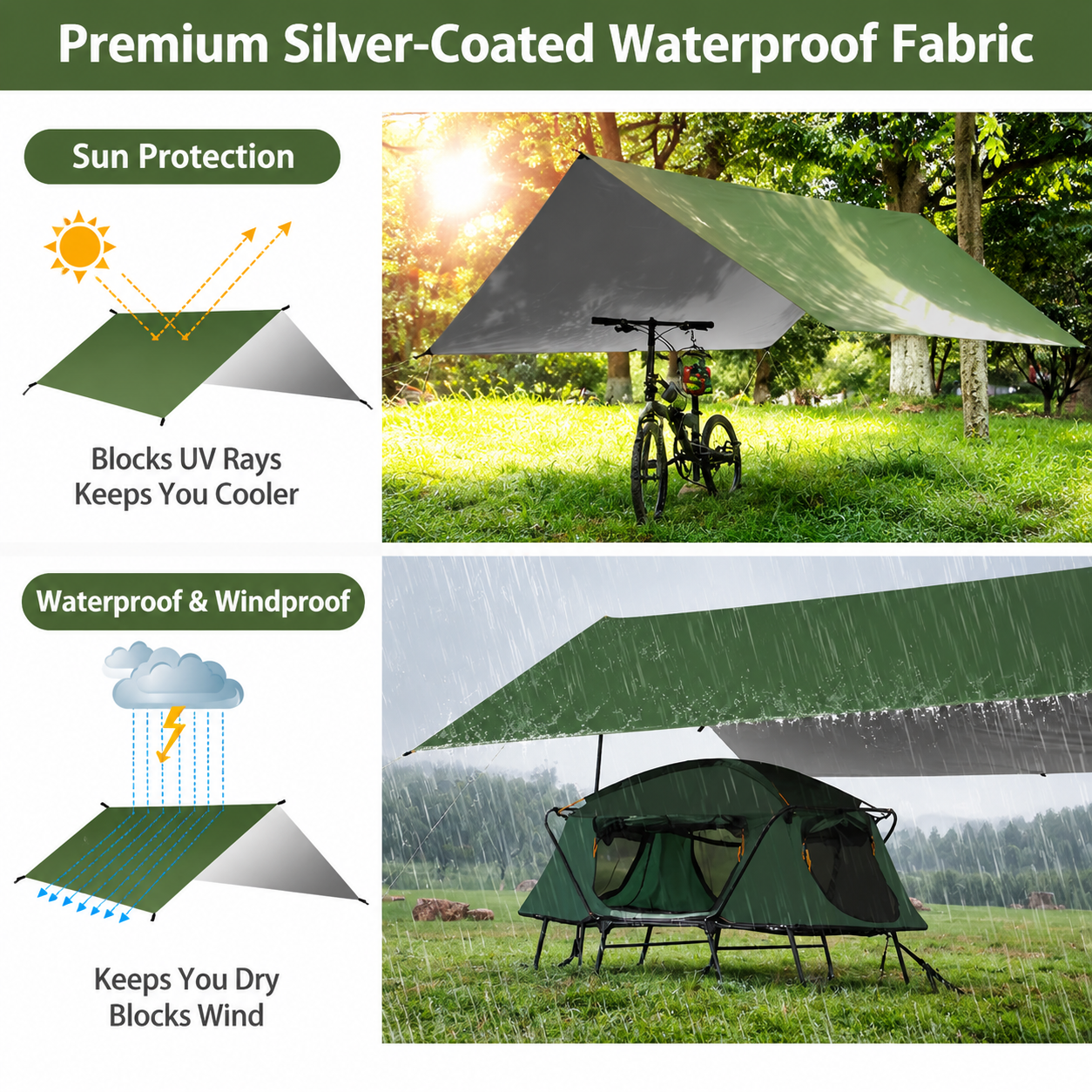 Green 300 x 300cm Waterproof Camping Tarp Shelter Set - Silver Coated Sun view 2