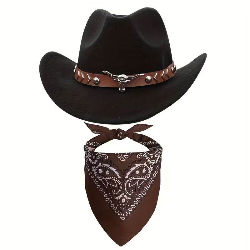 Women's Western Cowboy Hat and Paisley Bandana Set - Black PU Cowgirl Hat with view 3