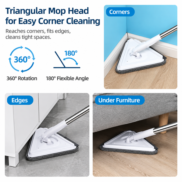 Extendable Triangular Cleaning Mop with 2.2m Stainless Steel Long Handle and 2 view 4