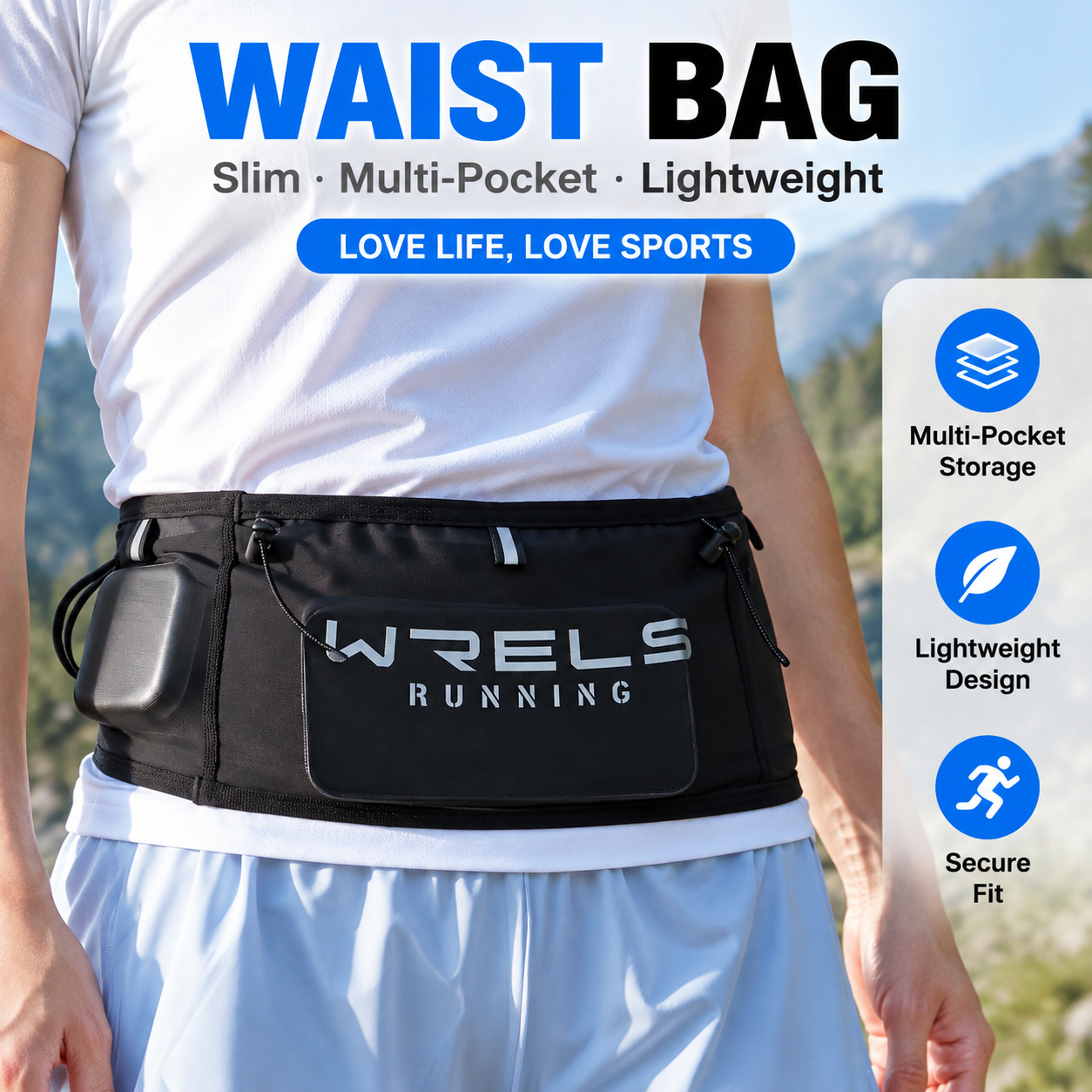 L Size Black Lightweight Slim Running Waist Belt - Breathable Quick Dry view 2