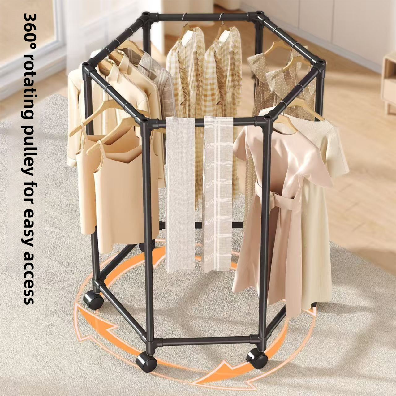 Black 360° Rotating Hexagonal Clothes Drying Rack with Wheels & Drying Net view 3