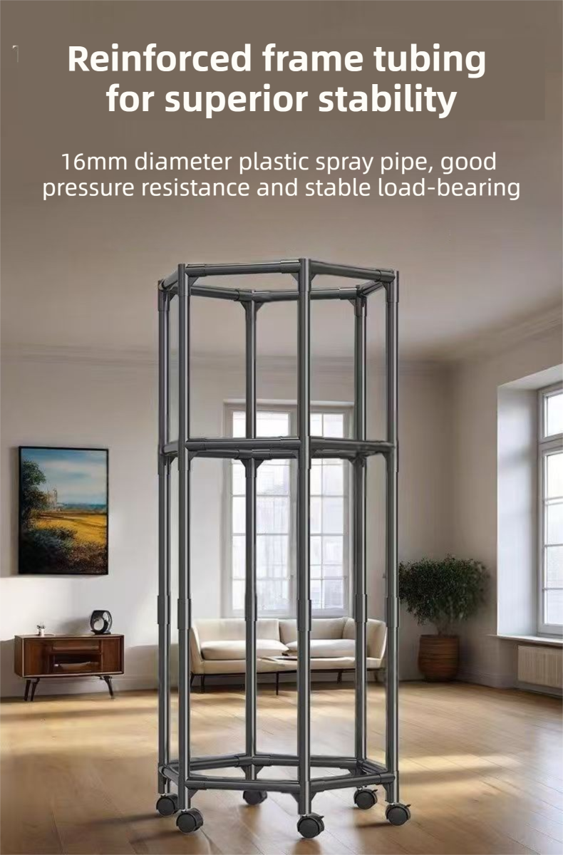 Black 360° Rotating Hexagonal Clothes Drying Rack with Wheels & Drying Net view 5