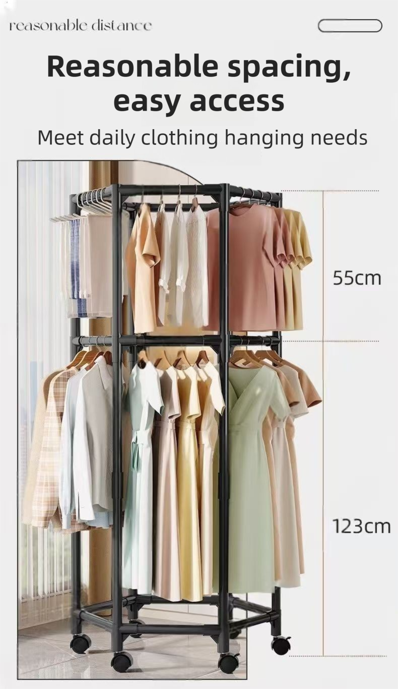 Black 360° Rotating Hexagonal Clothes Drying Rack with Wheels & Drying Net view 6