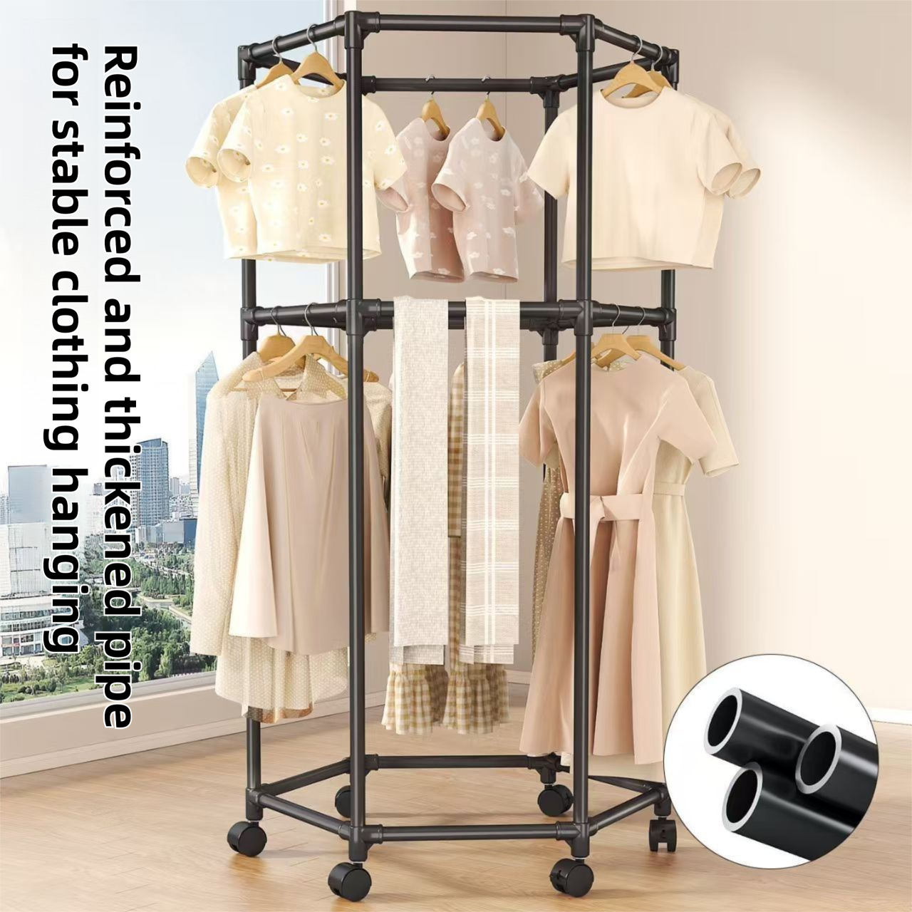White 360° Rotating Hexagonal Clothes Drying Rack with Wheels & Drying Net view 2
