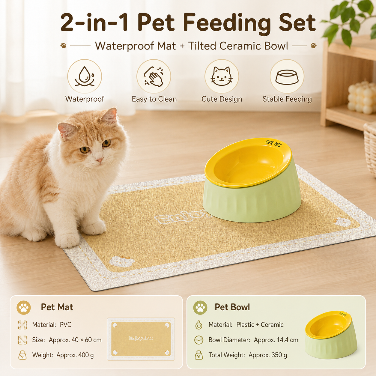Pet Feeding Set - 15 Degree Tilted Ceramic Yellow Bowl and Yellow Non-Slip PVC Mat view 2