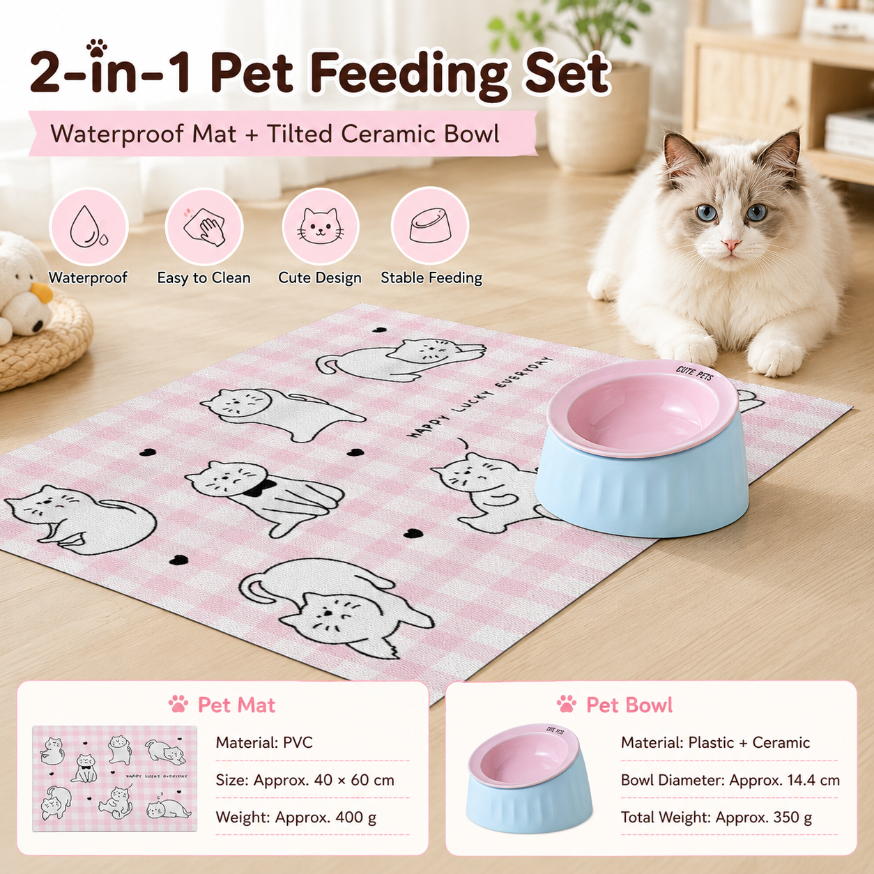 Pet Feeding Set - 15 Degree Tilted Ceramic Pink Bowl and Pink Non-Slip PVC Mat view 2