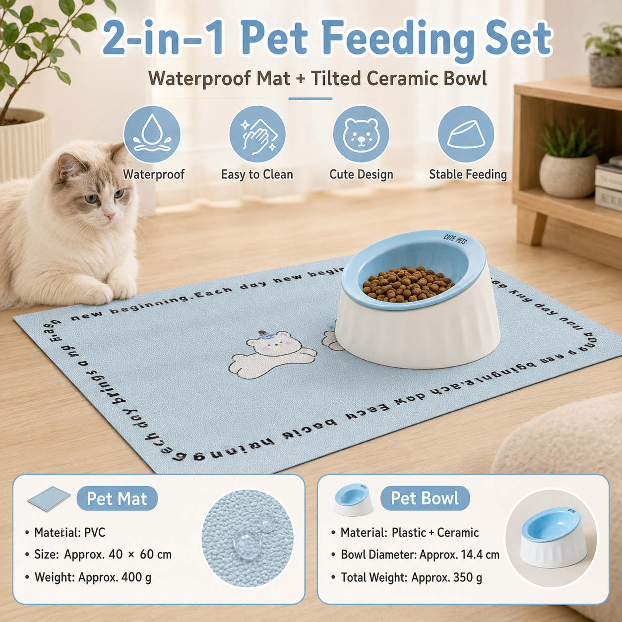 Pet Feeding Set - 15 Degree Tilted Ceramic Blue Bowl and Blue Non-Slip PVC Mat view 2