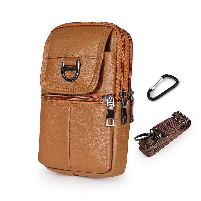 Yellow Leather Belt Phone Pouch - Multi-Pocket Waist Bag with Shoulder Strap