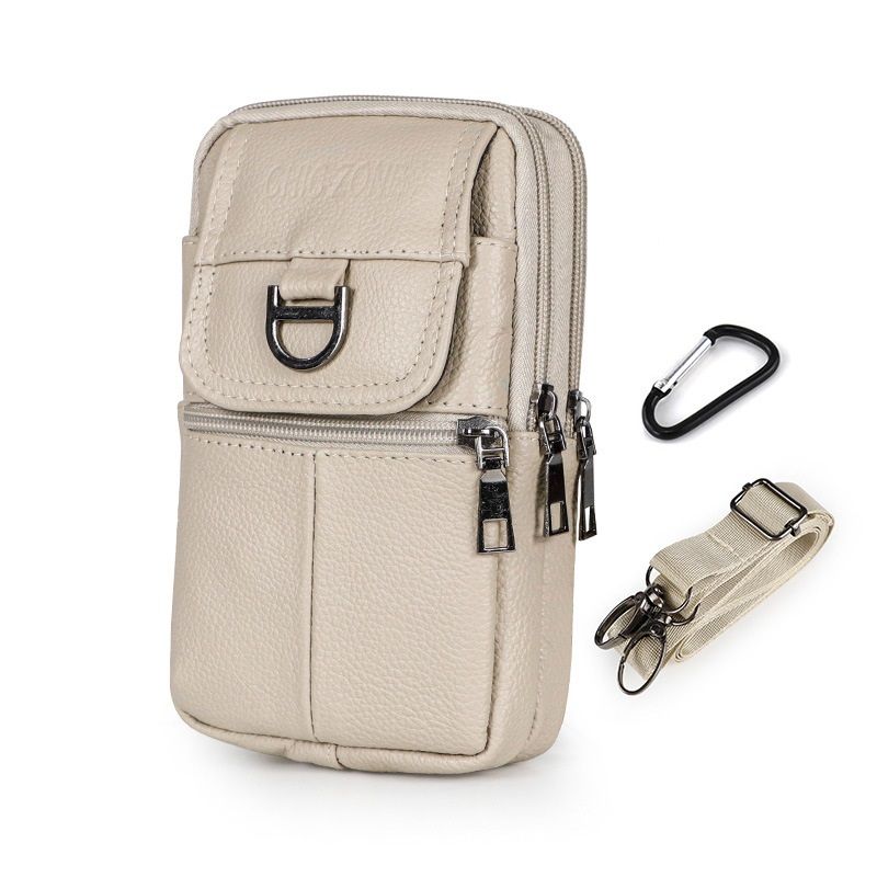 Beige Leather Belt Phone Pouch - Multi-Pocket Waist Bag with Shoulder Strap