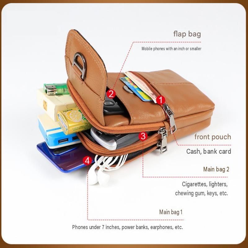 Beige Leather Belt Phone Pouch - Multi-Pocket Waist Bag with Shoulder Strap view 4