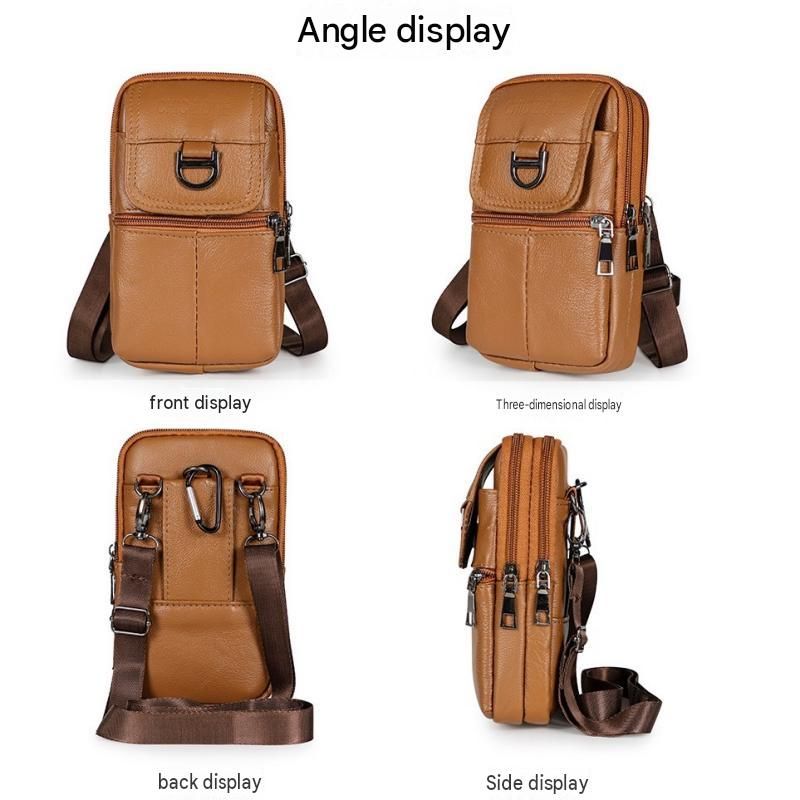 Beige Leather Belt Phone Pouch - Multi-Pocket Waist Bag with Shoulder Strap view 10
