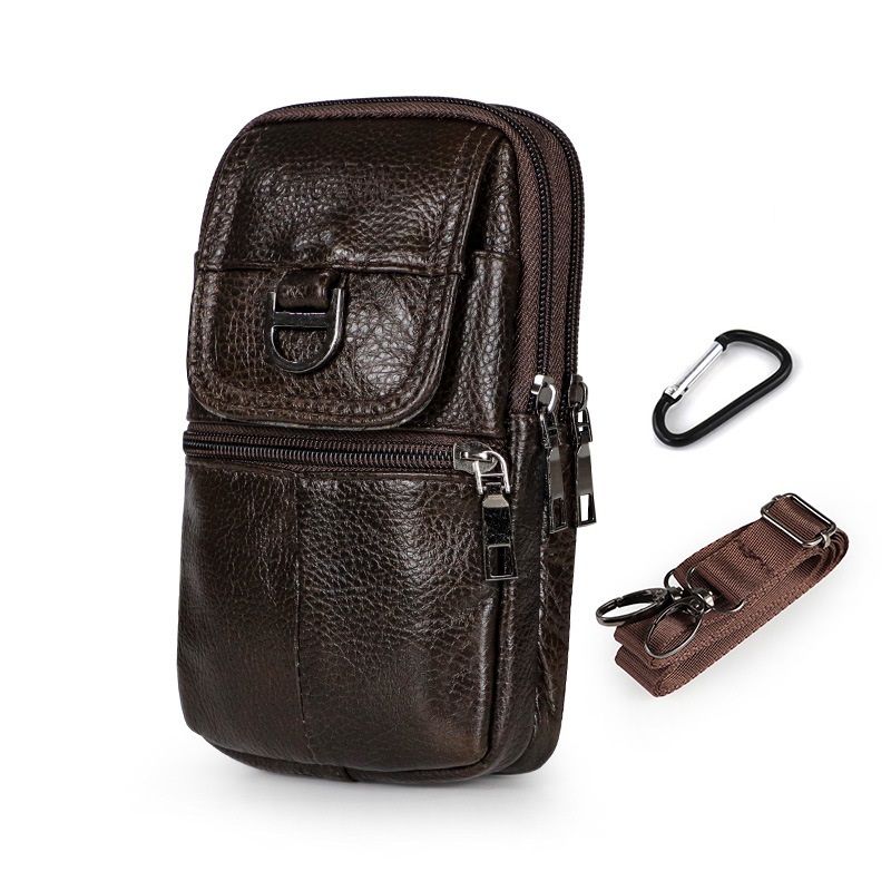 Dark brown Leather Belt Phone Pouch - Multi-Pocket Waist Bag with Shoulder Strap