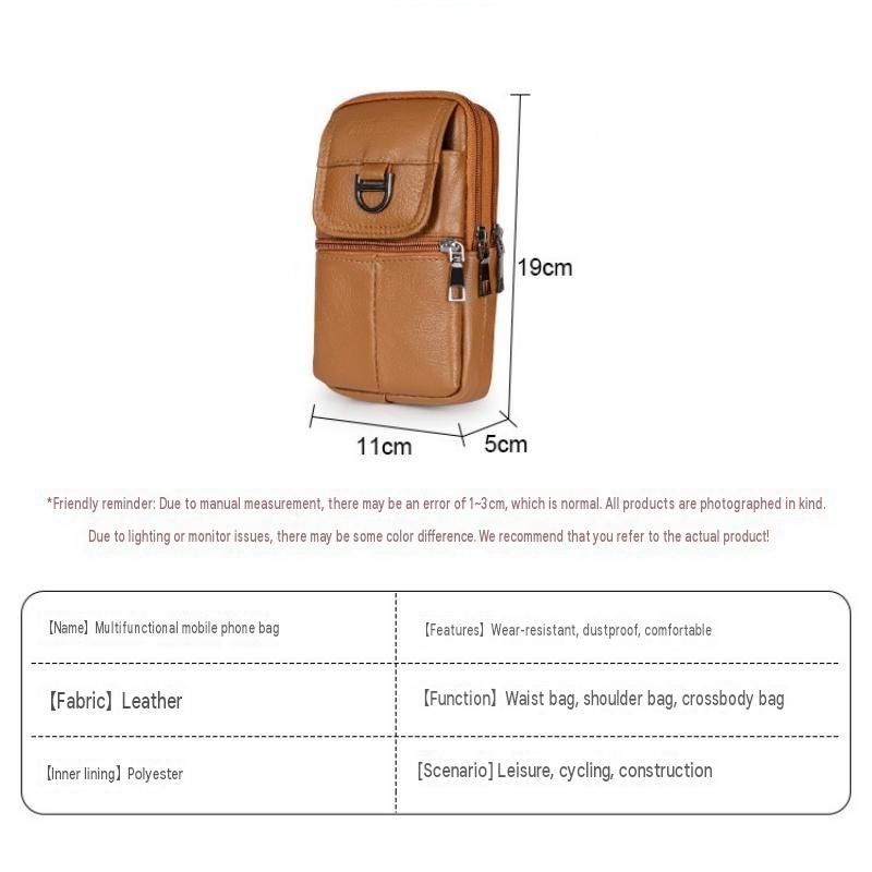 Dark brown Leather Belt Phone Pouch - Multi-Pocket Waist Bag with Shoulder Strap view 5